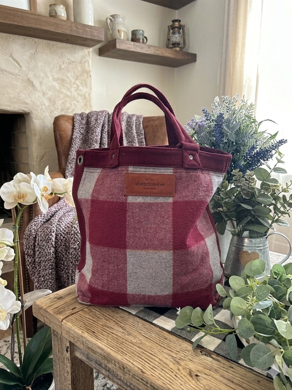 Abercrombie & Fitch Burgundy and Cream Buffalo Plaid Tote